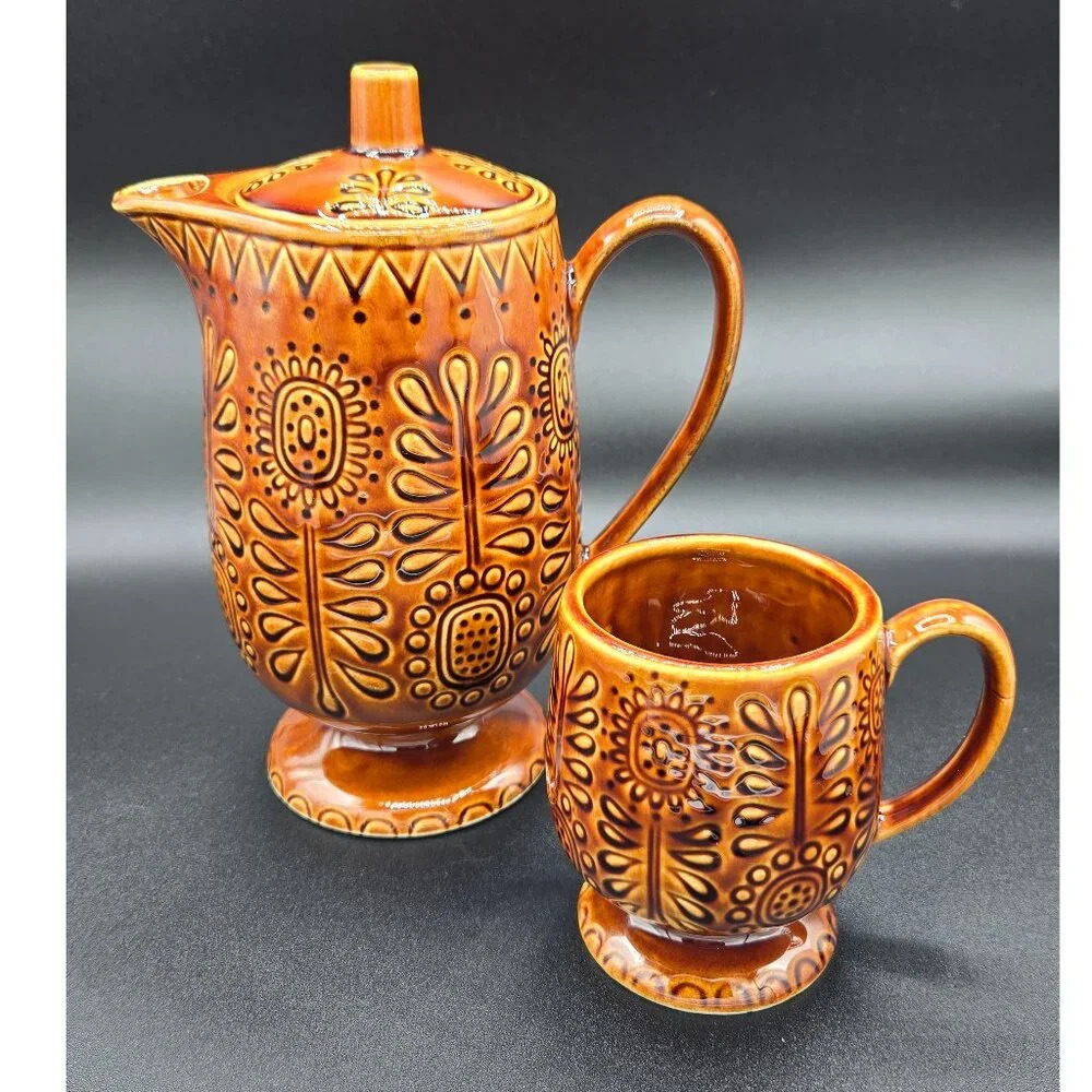Antique Sunflower Earthware Brown  Tea Pot Coffee Pot Giftcraft with Footed Mug